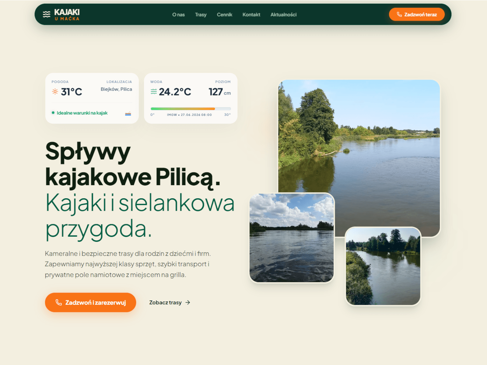 Strona Kajaki u Maćka prezentująca ofertę spływów